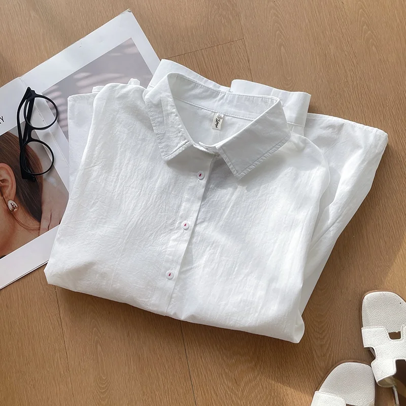 Breathable Cotton Casual Long Sleeve Shirt Loose Fit Ladies White Semi-Transparent Open Cardigan  Collar Daily Wear