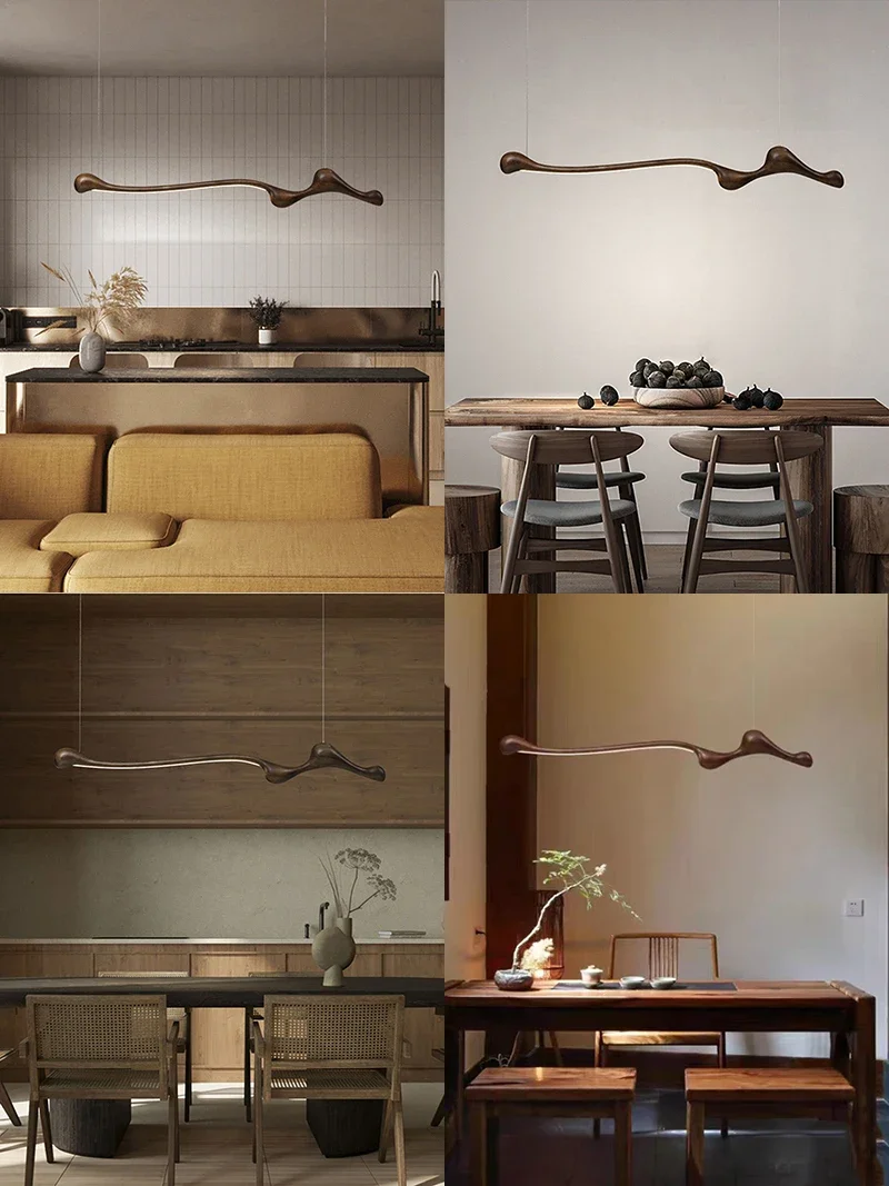 Linear Solid Wood Pendant Light With A Gentle Curve Dimmable Led Chandelier In 3 Wood Colors For Kitchen Island Dining Room