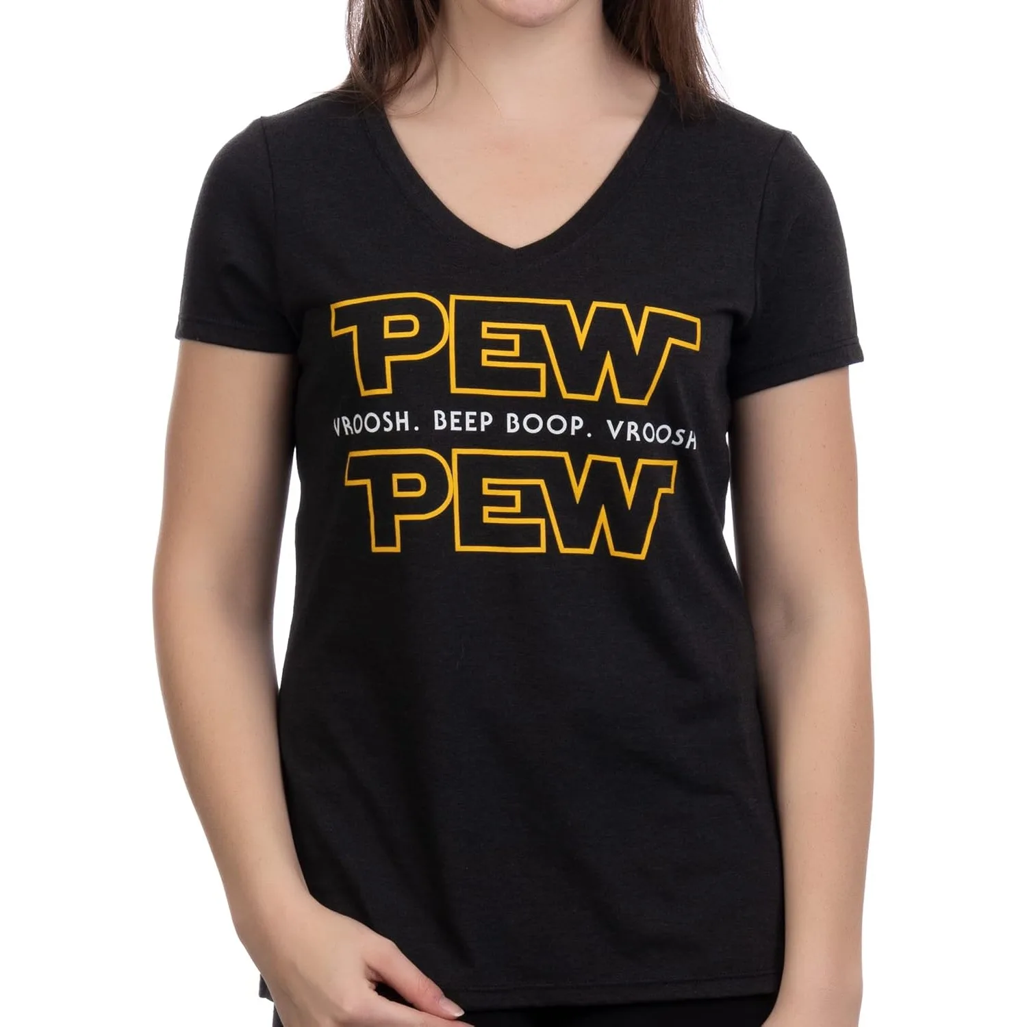 

Pew Pew Wars | Funny Sci-fi Space Star Noises for Geek Girl Women T-Shirt Top