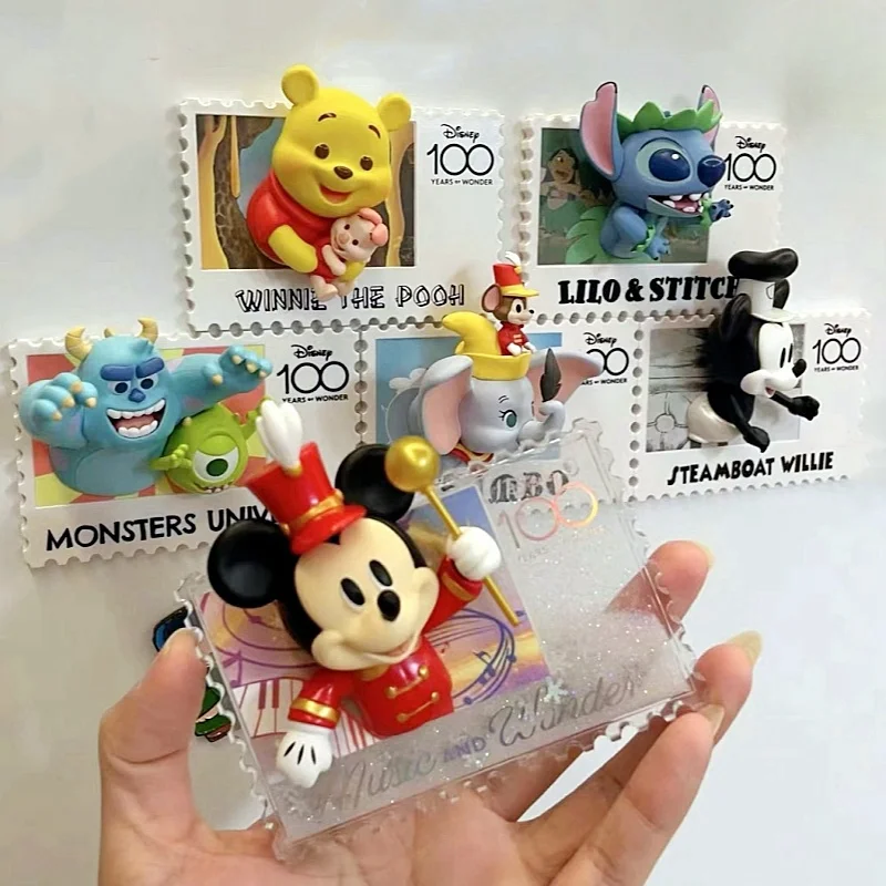 Disney 100th Anniversary Retro 3d Stamp Figure Mickey Mouse Stitch The Pooh Refrigerator Sticker Model Statue Toy Decoration