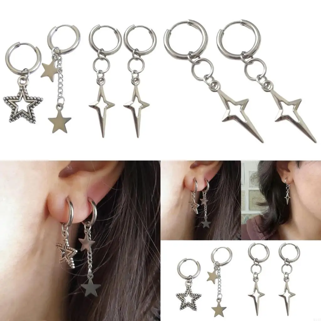 91AF Alloy Hollow Star Dangle Pendent Earrings Hoop Women's Fashionable Ear Rings