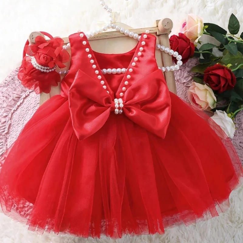 2 Piece Set Newborn Baby Red Dress for Photoshooting Newborn Photography Props Infant Bow Pearl Dress with Rose Hairband