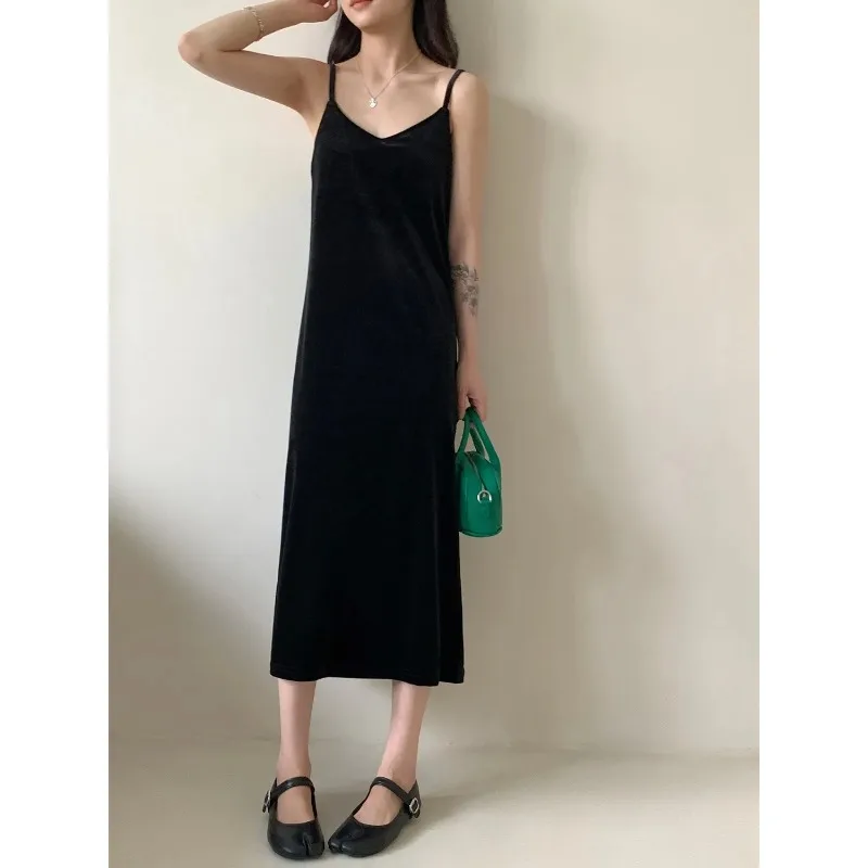 Jupe à bretelles en velours noir et doré pour femmes, col en v, rétro, ample, ligne a, dos nu, robe extérieure d'automne