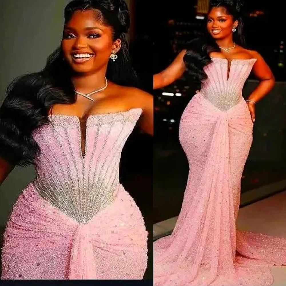 

Plus Size Mermaid Cocktail Prom Dresses For Women Sexy Off Shoulder Crystal Beaded Formal Evening Gown With Train Customized