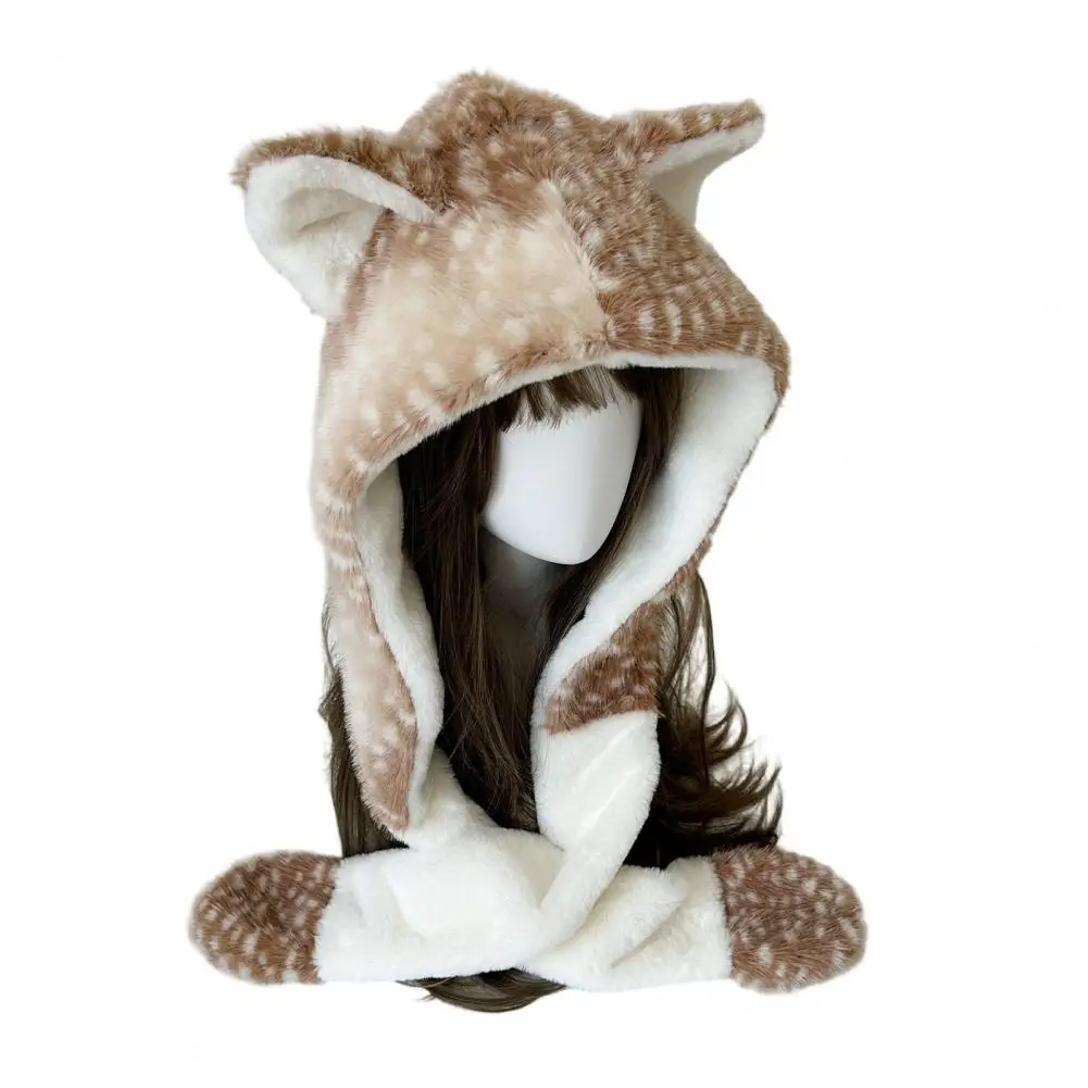 Anime Ear Hat Winter Hat with Ear Flaps Scarf Cartoon Deer Design Headwear Ear Protection for Skiing Camping Outdoor Travel