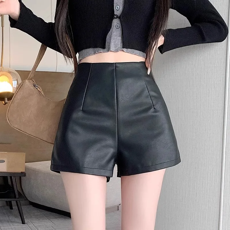 Women Pu Leather Shorts High Waist Slim Fit A- crotch Bottoming Outdoor Wear Small Size Shoe Pants Korean Style Casual Style