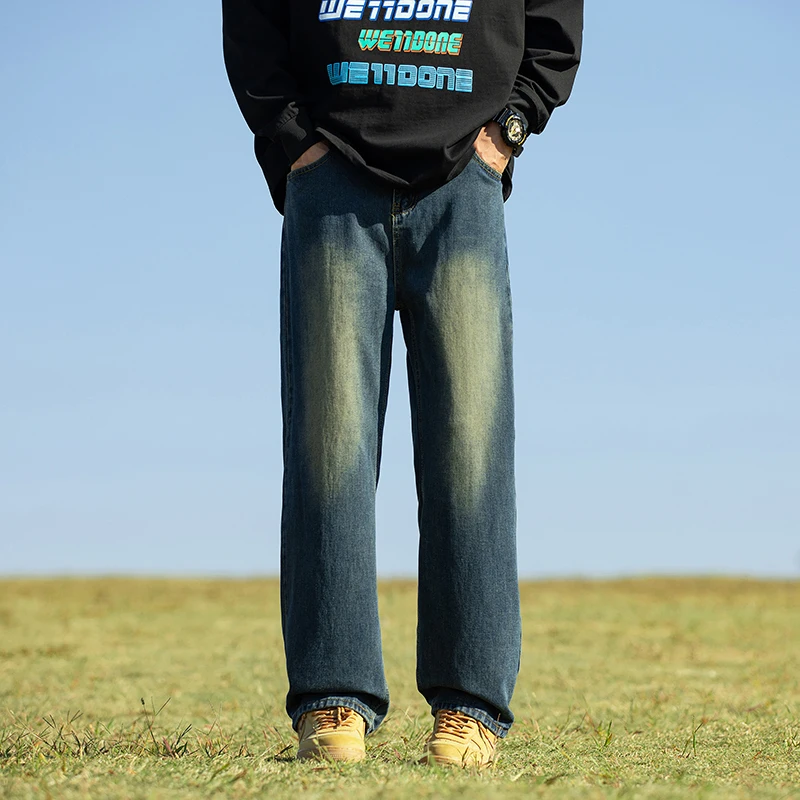 Men's Pockets Spring Autumn Button High Waist Zipper Gradient Solid Denim Wide Leg Casual Loose Work Trousers Vintage Pants