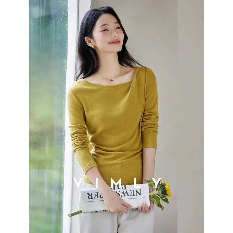 VIMLY Irregular Kink Long Sleeve T-shirts 2026 Summer Women's Crop Knit Round Neck square collar Female Tees woman clothes A2182