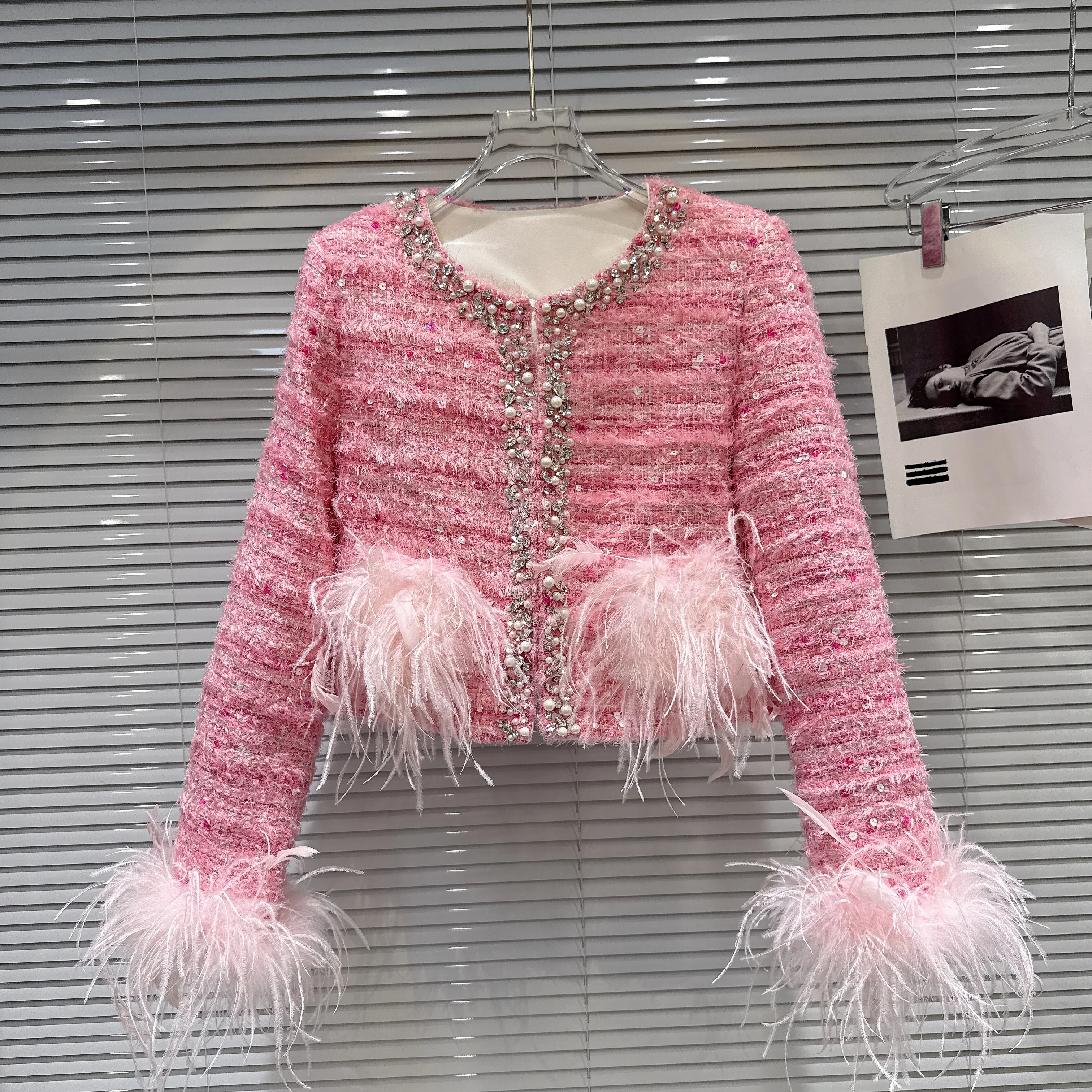 

2025 Winter New Small Fragrance Style Ostrich Feather Decorated Pearl Edge Tweed Down Short Coat for Women, Pink Coat Ladies