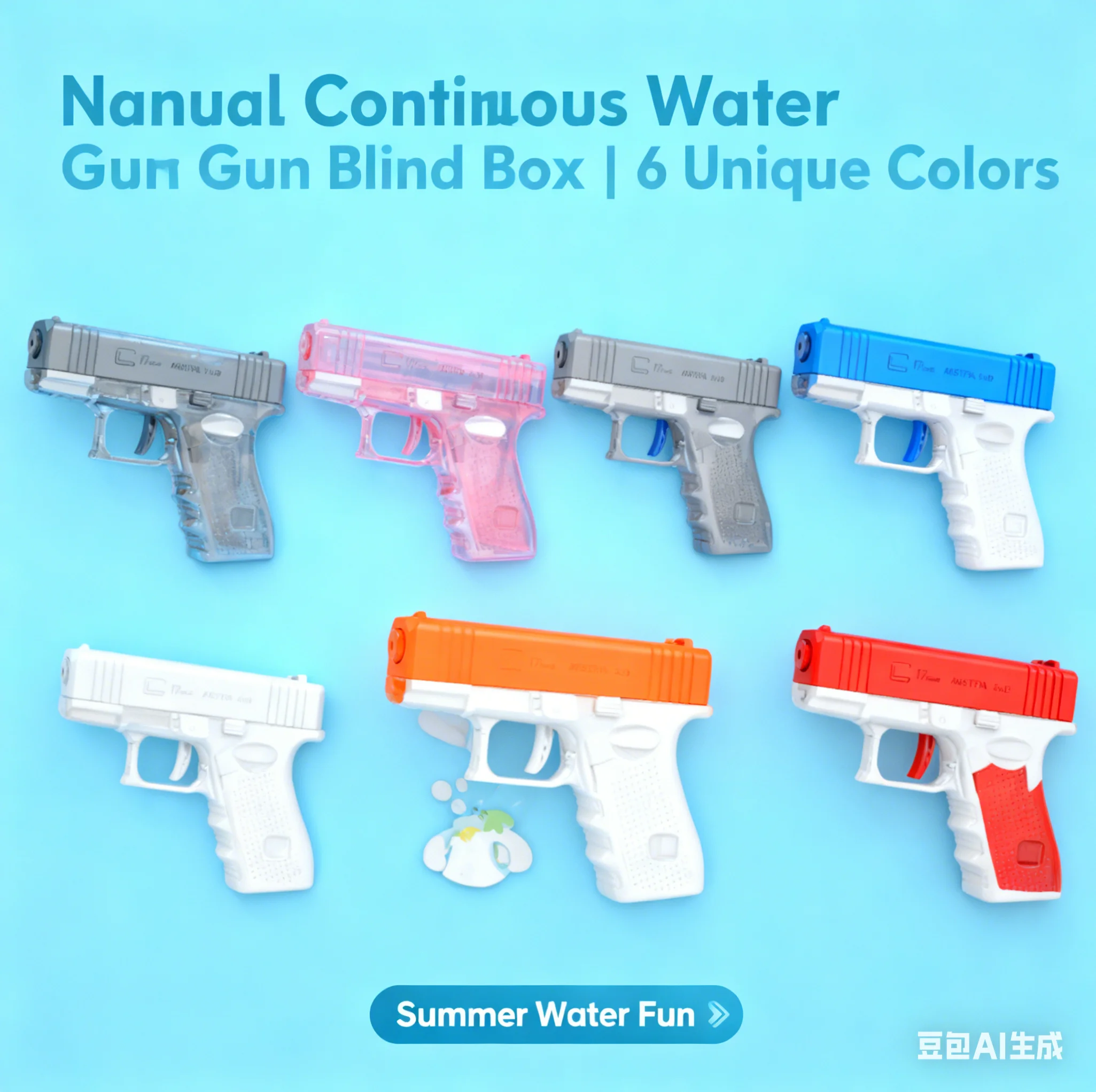 Pistolet à eau en boîte mystère, 6 couleurs uniques, sans duplication, pulvérisation manuelle continue, fête de piscine d'été, jouets de plein air pour la famille