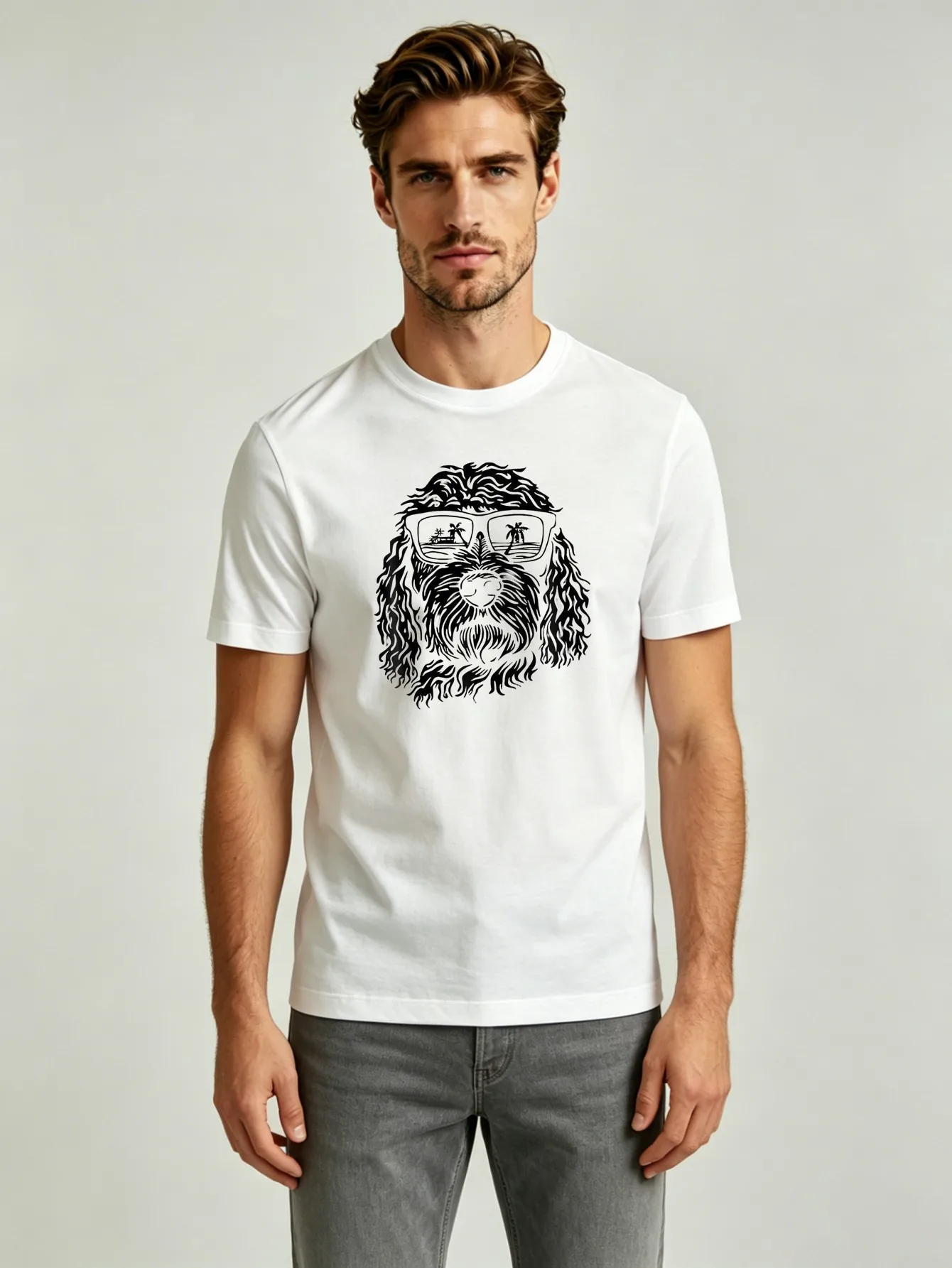 Retro Stylish Curly Haired Dog Portrait Graphic T‑shirt Men Women Vacation Animal Printed Tee Fashion Daily Casual Tops