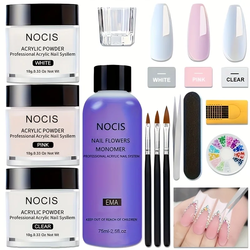 ชุดทำเล็บอะคริลิค: ชุดทำเล็บมืออาชีพ ชุดอะคริลิคสีใส สีขาว สีชมพู ผงอะคริลิคและน้ำยา พร้อมชุดเริ่มต้นทำเล็บอะคริลิค
