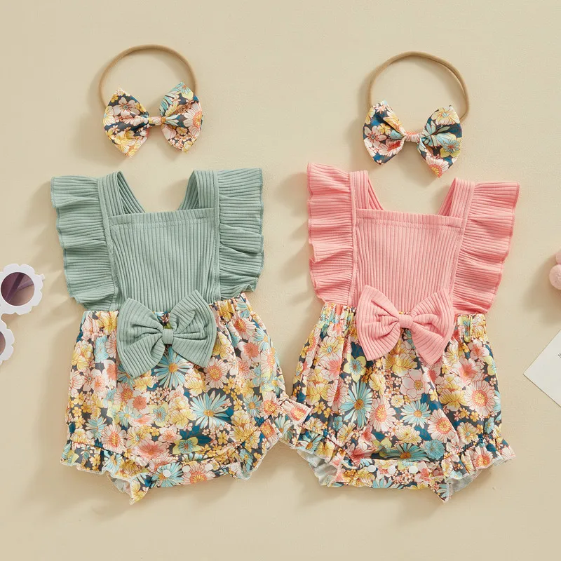 Baby Girls Rompers Ribbed Knit Bowknot Floral Print Fly Sleeve Infant Bodysuits Summer Clothes with Headband