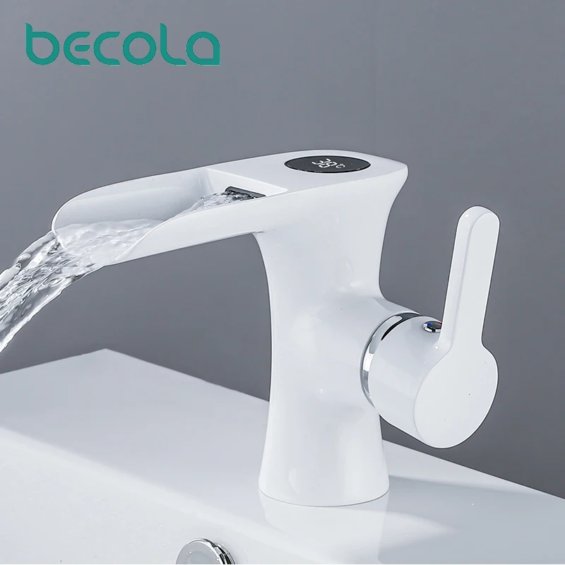 

Becola bathroom basin digital display faucet single handle waterfall type faucet deck installation mixer cold brass faucet