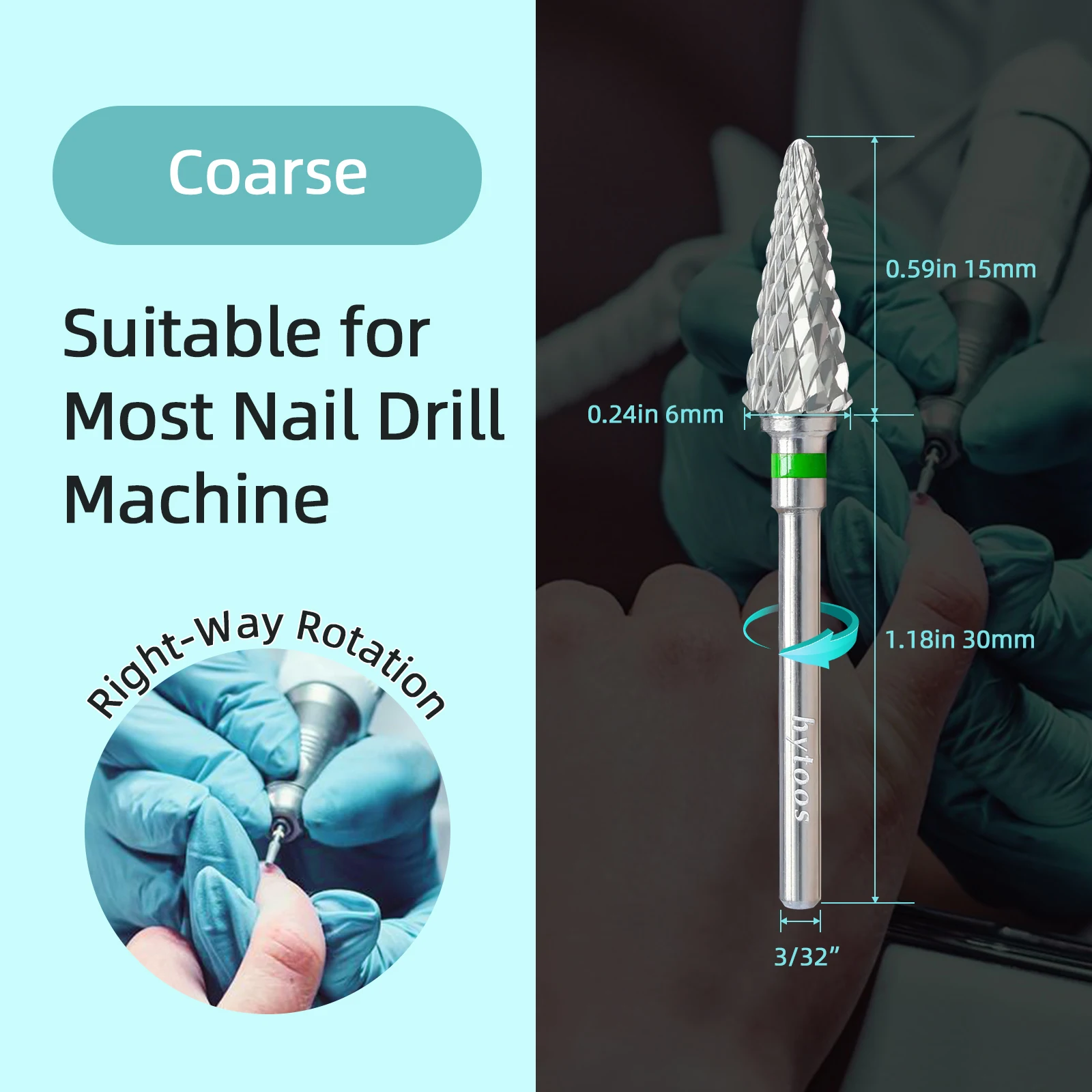 HYTOOS-broca para uñas de cono grueso, 15mm, carburo cónico, a prueba de polvo, 3/32 ", esmalte de Gel para manicura, herramientas de eliminación de limpieza de cutículas