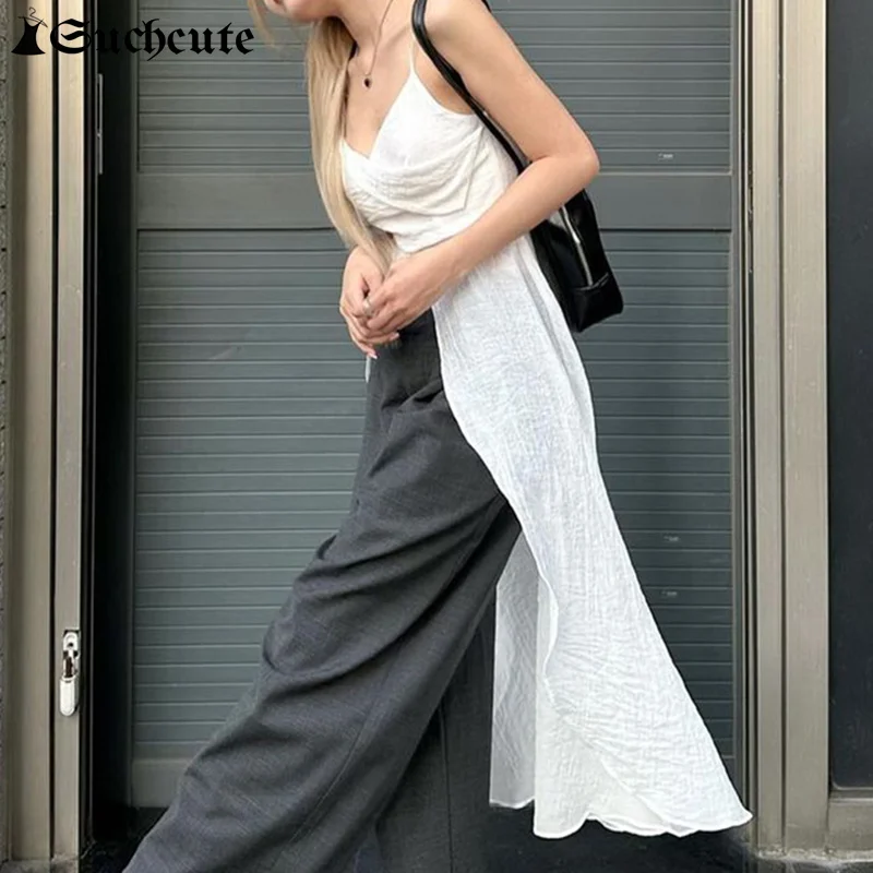 

SUCHCUTE Fairycore Korean Fashion Solid White Split Crop Top Women Grunge Sexy Sleeveless Corset Tank Top Streetwear Black Camis