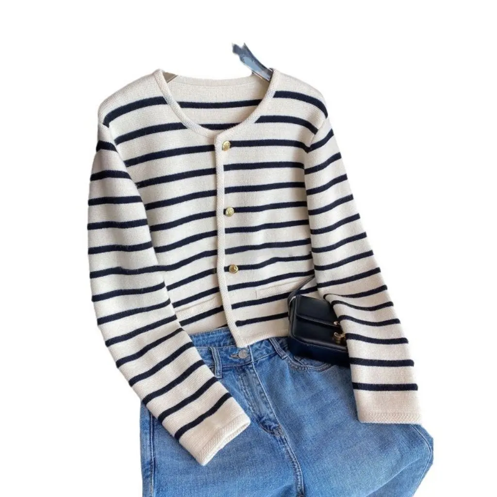 

Gold Buckle Color Block Stripe Round Neck Women's Knitted Open Cardigan Loose Fit French Style Short Sweater Jacket Autumn