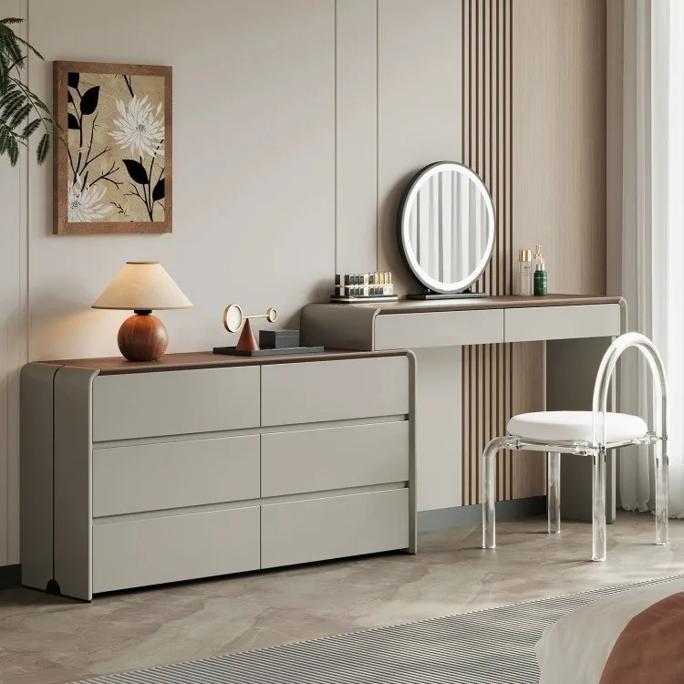 

Modern Dressing Table Wood Vanity Table Bedroom Makeup Cosmetics Chair Bedside Study with 6 Drawers Mirror for Bedroom Furniture
