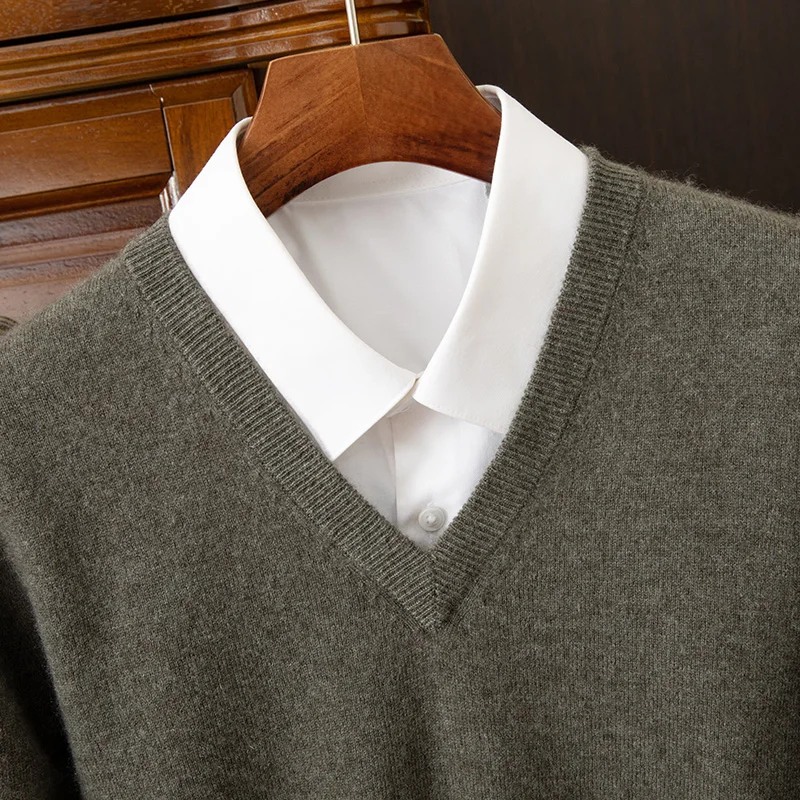 100% Cashmere Men's Pullover Casual Solid Color Knitted Sweater Loose Pull V-Neck Tops Basic Versatile Jumper view 3