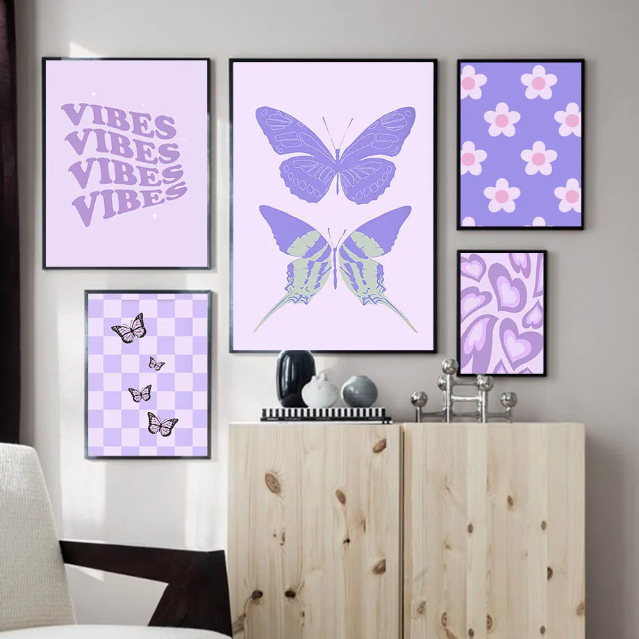 1pc frameless Canvas Painting 1pc frameless Danish Pastel Abstract Posters Print Y2K Aesthetics Butterfly Love Flower Wall Art C