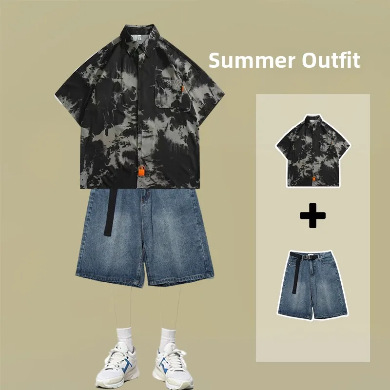 

Men's Ice Silk irt Tie Dye Straight Leg ort Sve Vintage Street Sle High End Workwear Set with Five Inch Jeans orts