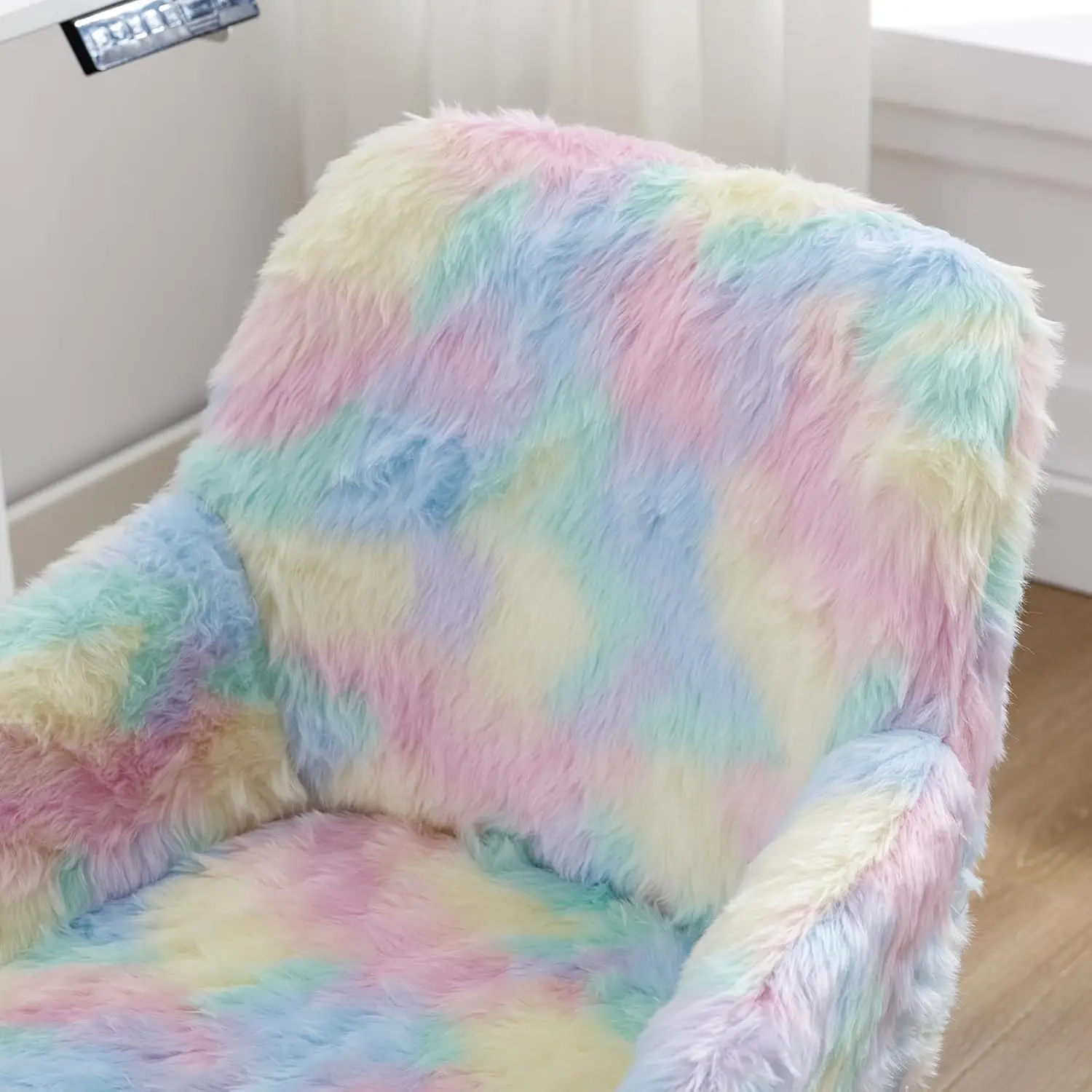 Faux Fur Colorful Upholstered Computer Chair for Boys and Girls, Cute Study Swivel Height Adjustable Arm Chair for Child, Rainbo