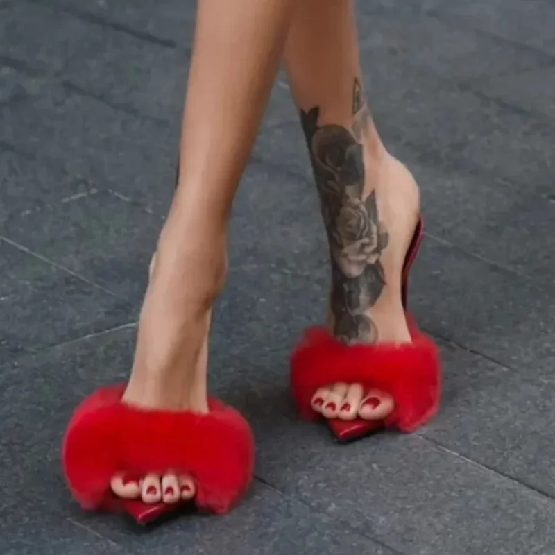 Arden Furtado Summer Pink fur Peep toe Slippers Pointed toe pull-on Super high heel Sexy Word slippers Catwalk shoes - view 4