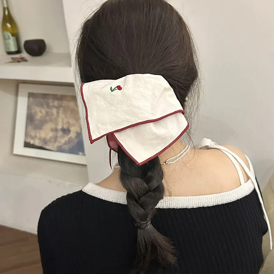 SweetEmbroidery-Diadema cuadrada de cereza de estilo fresco con borde rojo, lazos cuadrados para el cabello estilo Sendai para el intestino grueso, accesorios para el cabello