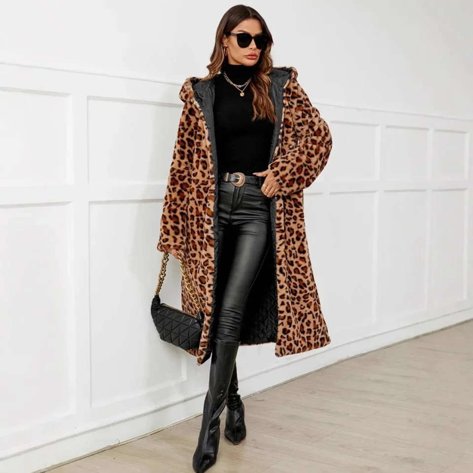 2024 High Street Leopard Print Long Faux Fur Coat Jacket For Women Autumn Winter Fur Coats Fashion Casual Loose Warm Top Jackets