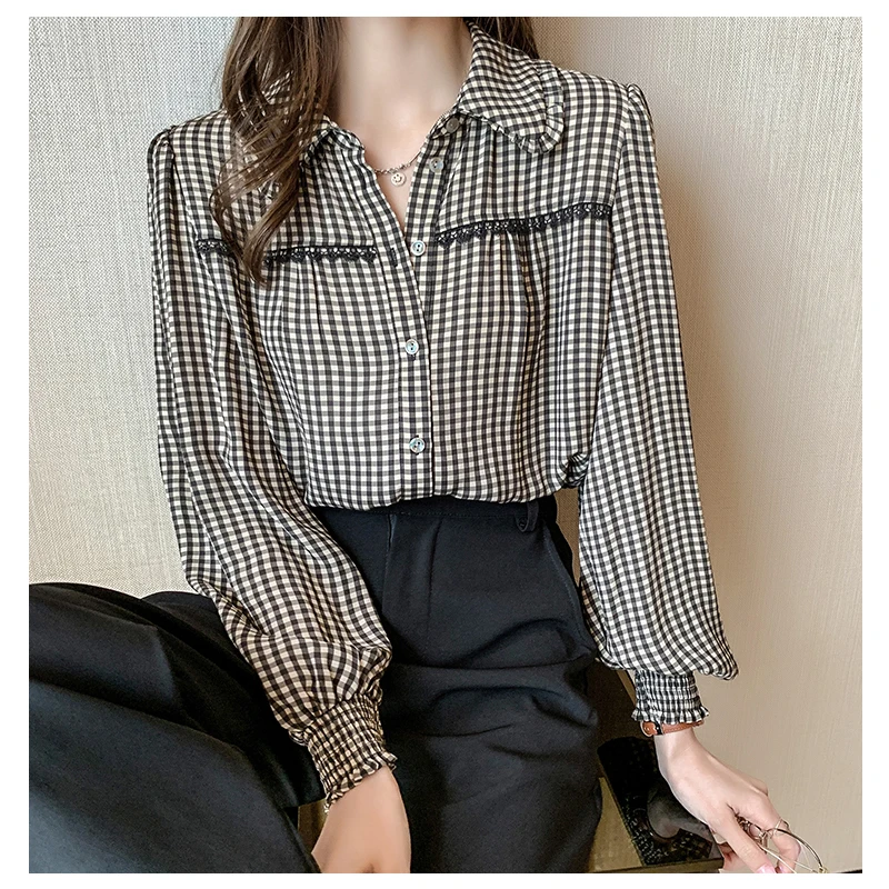 Hot! 2022 Nieuwe Lente Plaid Shirts Vrouwen Lange Mouwen Tops Lantaarn Mouwen Losse Zwart-Wit Geruite Dunne Shirts