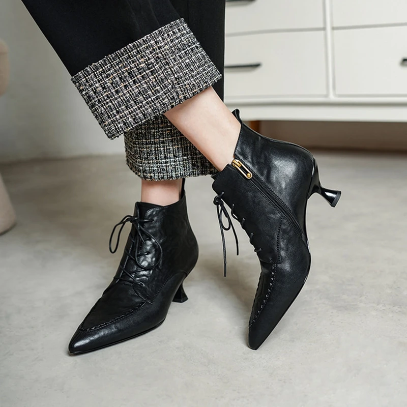 NEW Autumn/Winter Women Boots Genuine Leather Shoes for Women Pointed Toe Kitten Heel Shoes Lace-up Ankle Boots Zip Daily Shoes