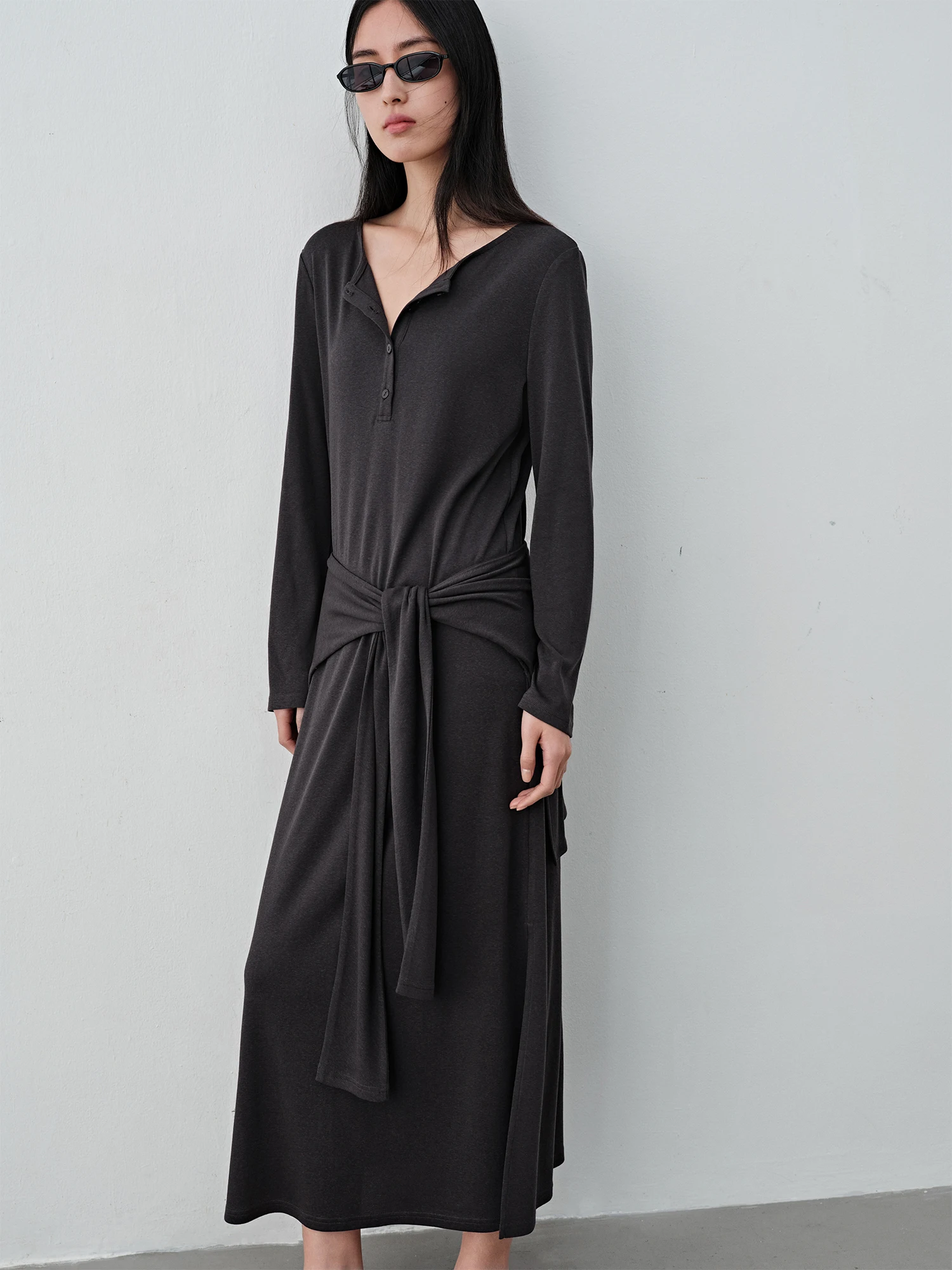 

HaveRice Lazy Holiday Dress Restaurant Two-Piece Set Detachable Shawl Henry Collar Long Sleeve Straight Cut Dress Casual Wear