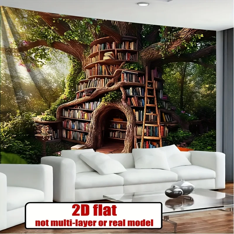 Immersive Fantasy Library Mural Wallpaper Wall Art Tree Bookshelf Forest Reading Room Decor Print Poster Home Accent