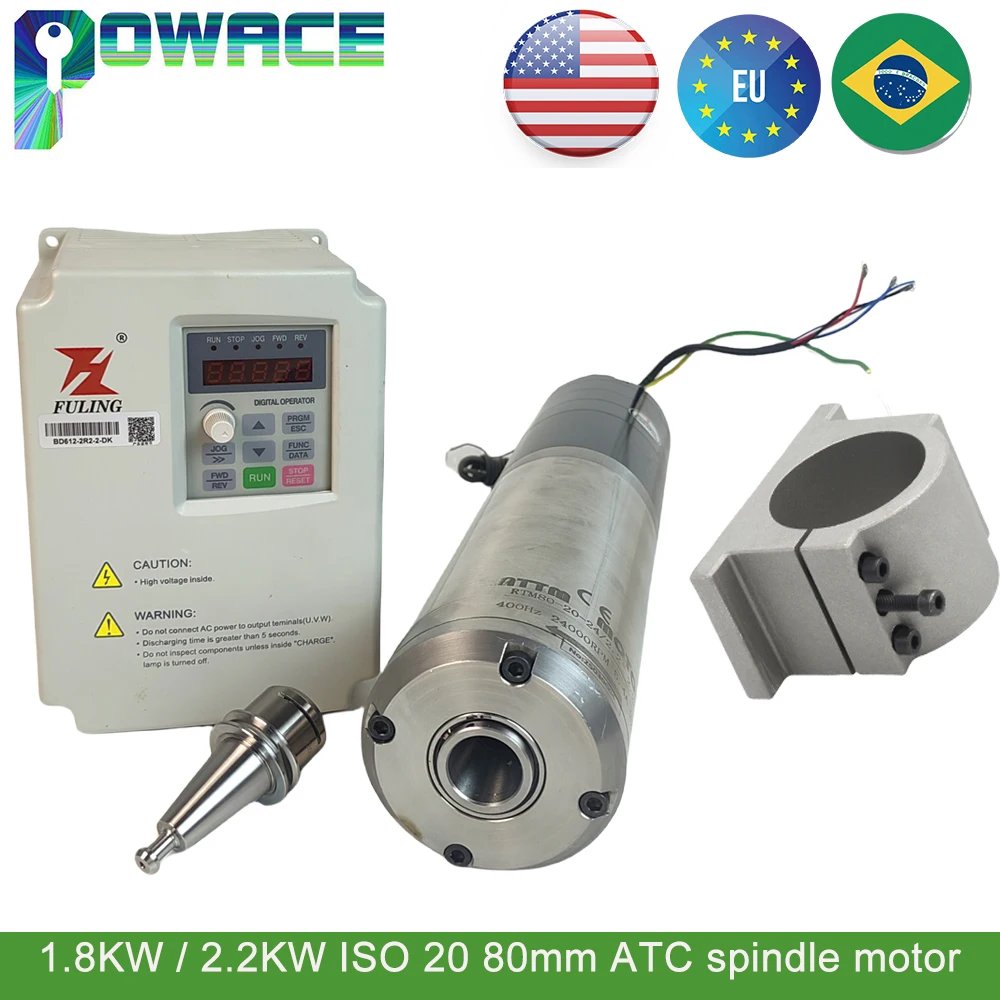 【EU US】CNC 1.8KW 2.2KW 220V ISO20 Automatic tool change ATC Spindle Motor Water Cooling With FL inverter For Metal Router