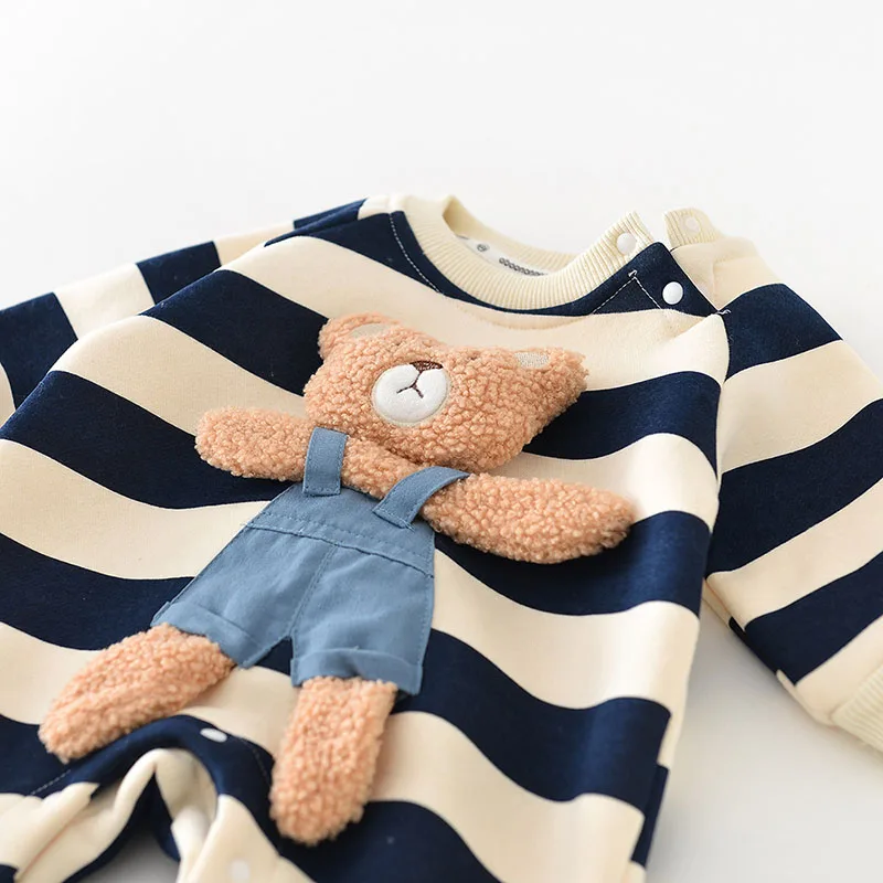 Thicken Lining Infant Baby Boys Clothes Rompers Bear Pattern Striped Girls One Piece Outwear Outfit