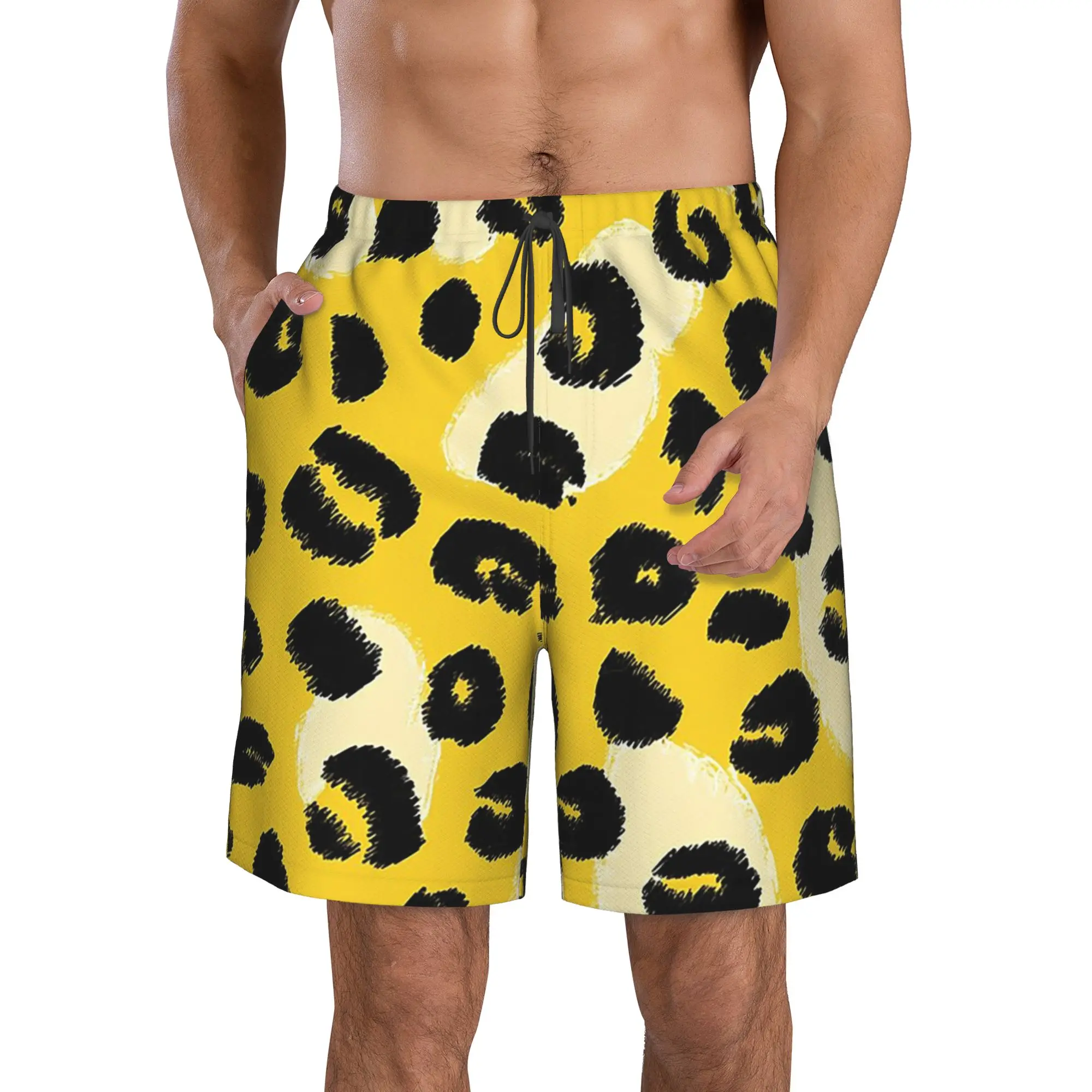 Light Yellow Color Leopard Cheetah Trunks Beach Board Shorts Casual Quick Dry Swimming Summer Men Pants