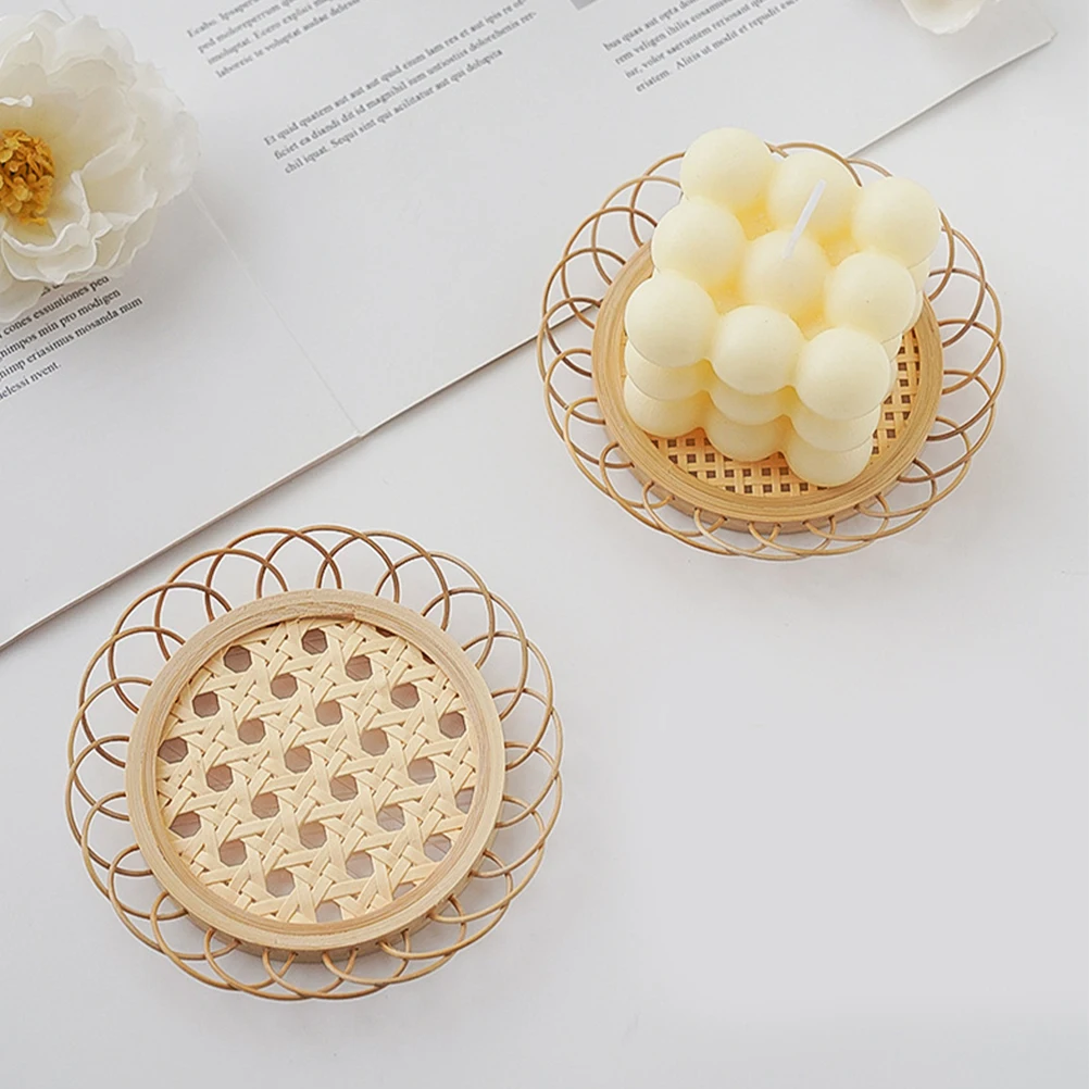 

4Pcs Bamboo Hollow Round Coasters Handmade Cup Pads Heat Insulation Non Slip Table Protectors Teacup Coaster Bamboo Cup Cushion