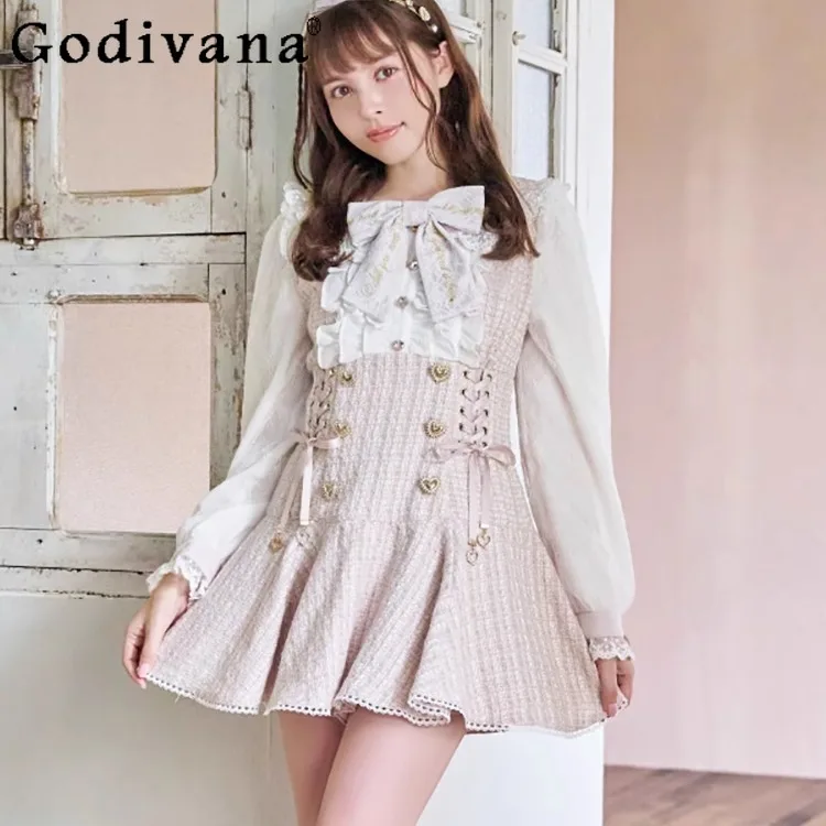 

Japanese Liz Mine Series Big Bow Lace Slim Fit Fake Two-piece Long-sleeved Dress + Shorts Set Womens Lolita Outifits Spring