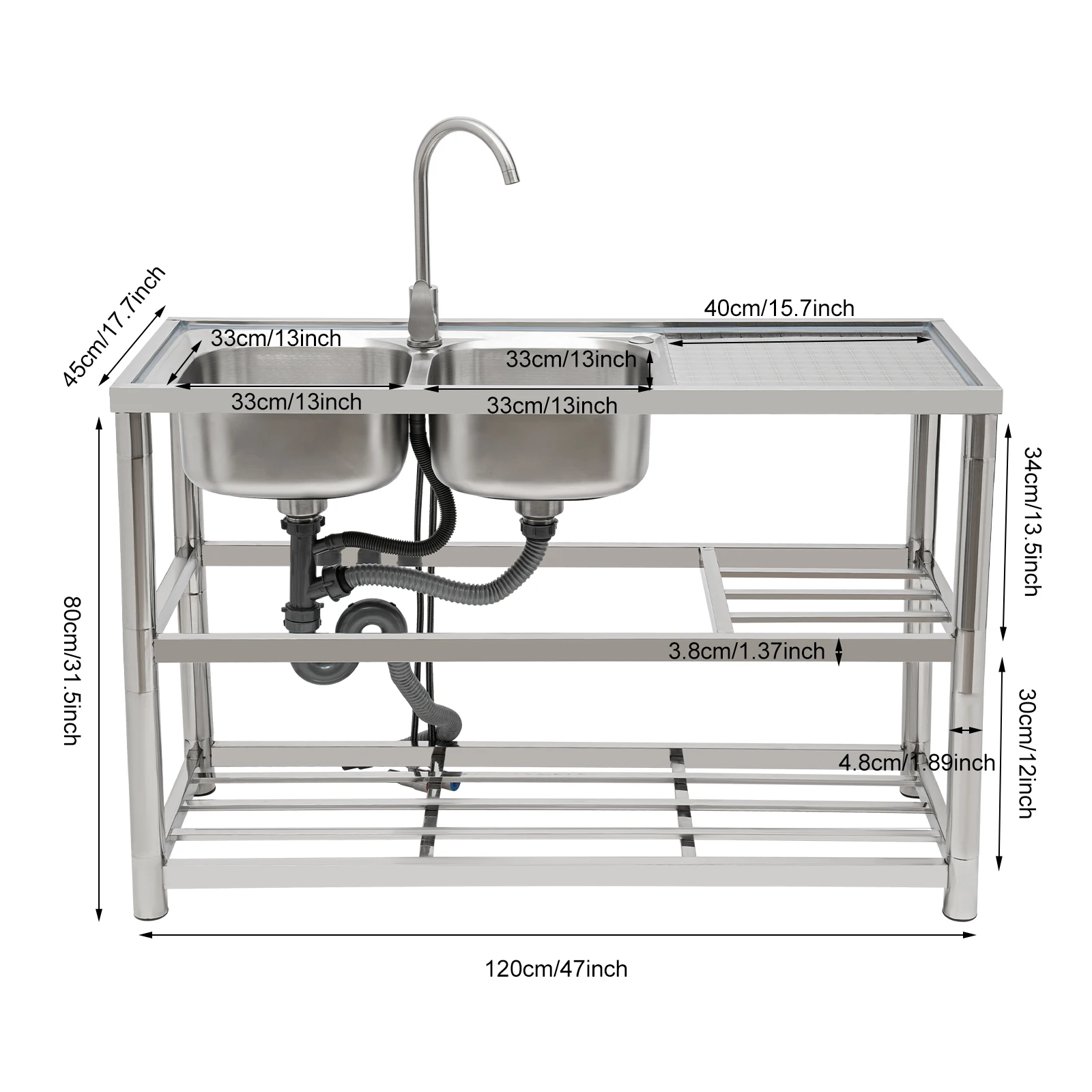 Wastafel dapur restoran berdiri bebas, Set wastafel dapur komersial mangkuk ganda wastafel Stainless Steel