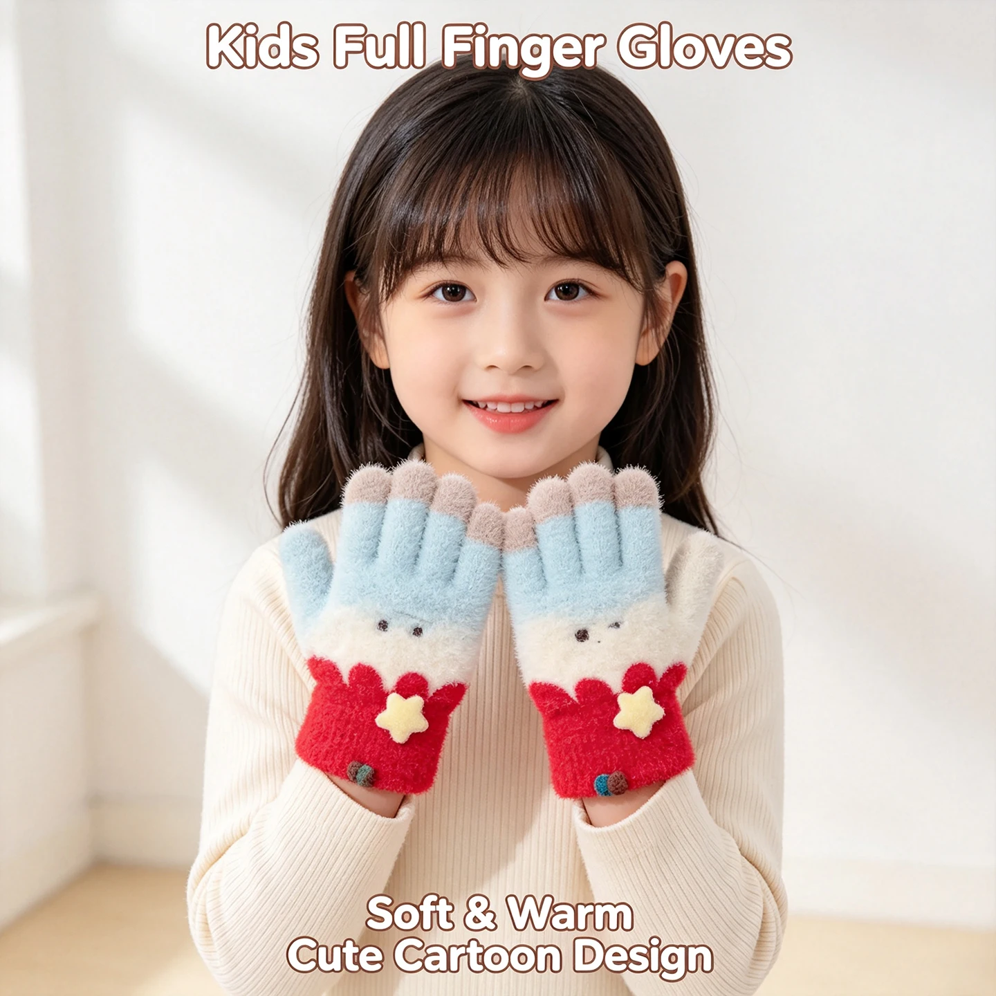 Niedliche Cartoon-Kinderhandschuhe mit Vollfinger-Plüsch, Kirsch-, Geweih- und Stern-Dekor, flauschige gestrickte Handschuhe aus Kunstnerz, warme Winter-Mittens für Mädchen – Detail 4