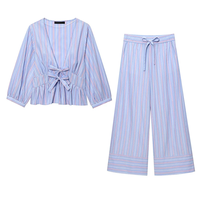 

RAFZNB Mid Waist Striped Pants Sets for Women 2 Pieces Fashion Bow Decoration Striped Short Shirts Two Piece Set Women Outfits