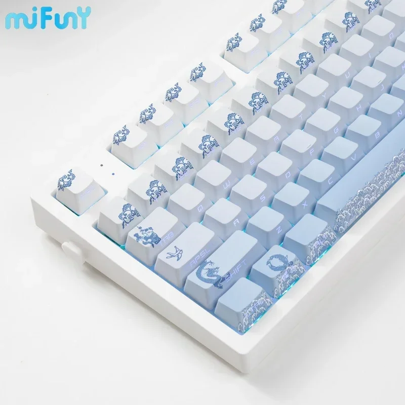 Blue and White Porcelain Keycaps Custom PBT OEM Profile Keycap Side Carving Transparent Point Key Caps for Mechanical Keyboard