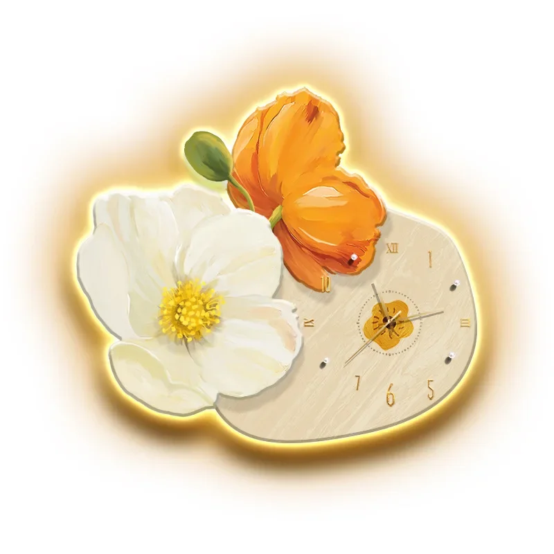 Cream wind restaurant decorative painting with clock small fresh LED light luminous warm healing light luxury kitchen mural
