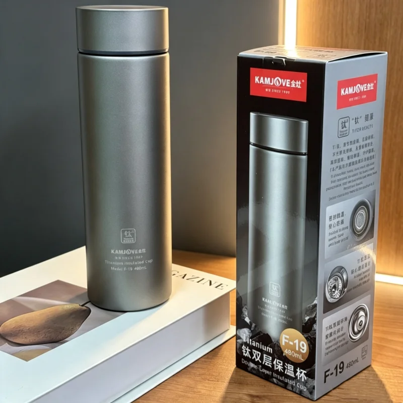 KAMJOVE 480ML Double‑Layer Pure Titanium Vacuum Mug,Portable Tea Infuser Tumbler,Only 226g,Tea‑Water Separation Thermos Cup