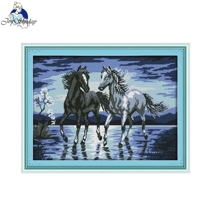 Joy Sunday Cross Stitch Kit The Horses Travel Together HD Pattern Aida 16/14CT Printed Counted Fabric DIY Embroidery Needle Set