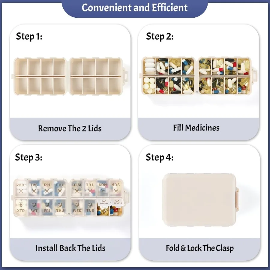 منظم حبوب منع الحمل قابل للطي والمحمول مرتين في اليوم مع مقصورات إضافية ملصقات محفورة أسبوعيًا 7 أيام AM PM صندوق دواء أسبوعي D #5
