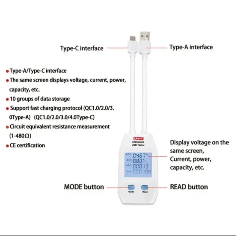 UNI-T USB Tester UT658 Series Digital Voltmeter Ammeter Current Amperemeter Capacity Meter Doctor For Mobilephone Tablet Power