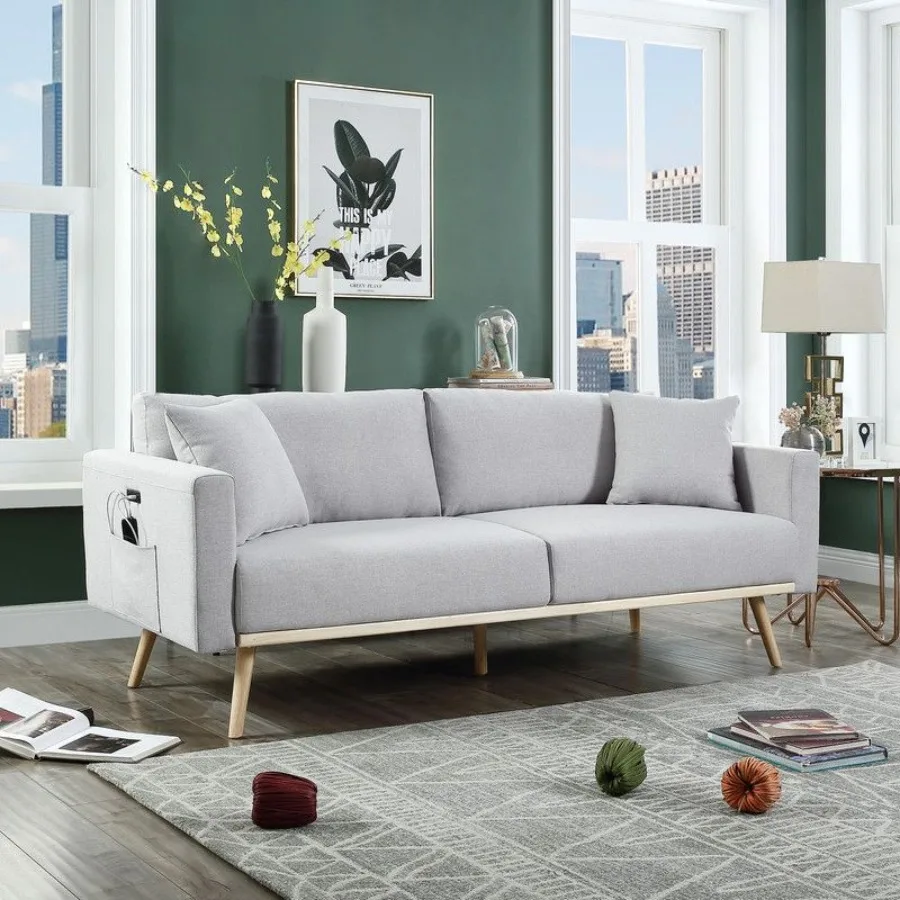 

Easton 75" Light Gray Linen Fabric Sofa with USB Charging Ports Pockets and Pillows