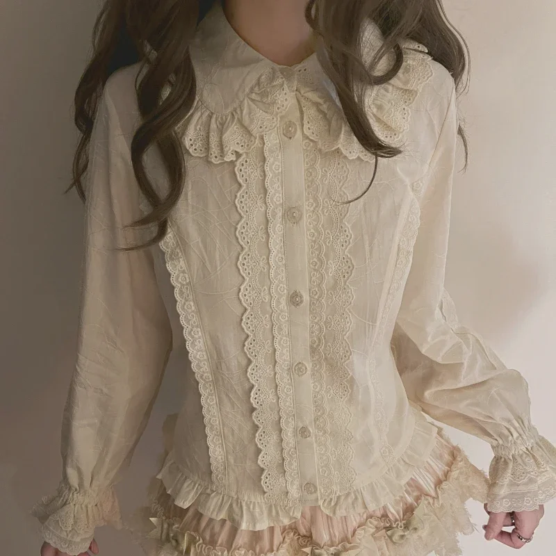 Sweet Ruffles Peter Pan Collar Long Sleeve Loliita Blouse Top Japanese Y2k Harajuku Princess Shirts 2024 Kawaii Cute Blusa Femme