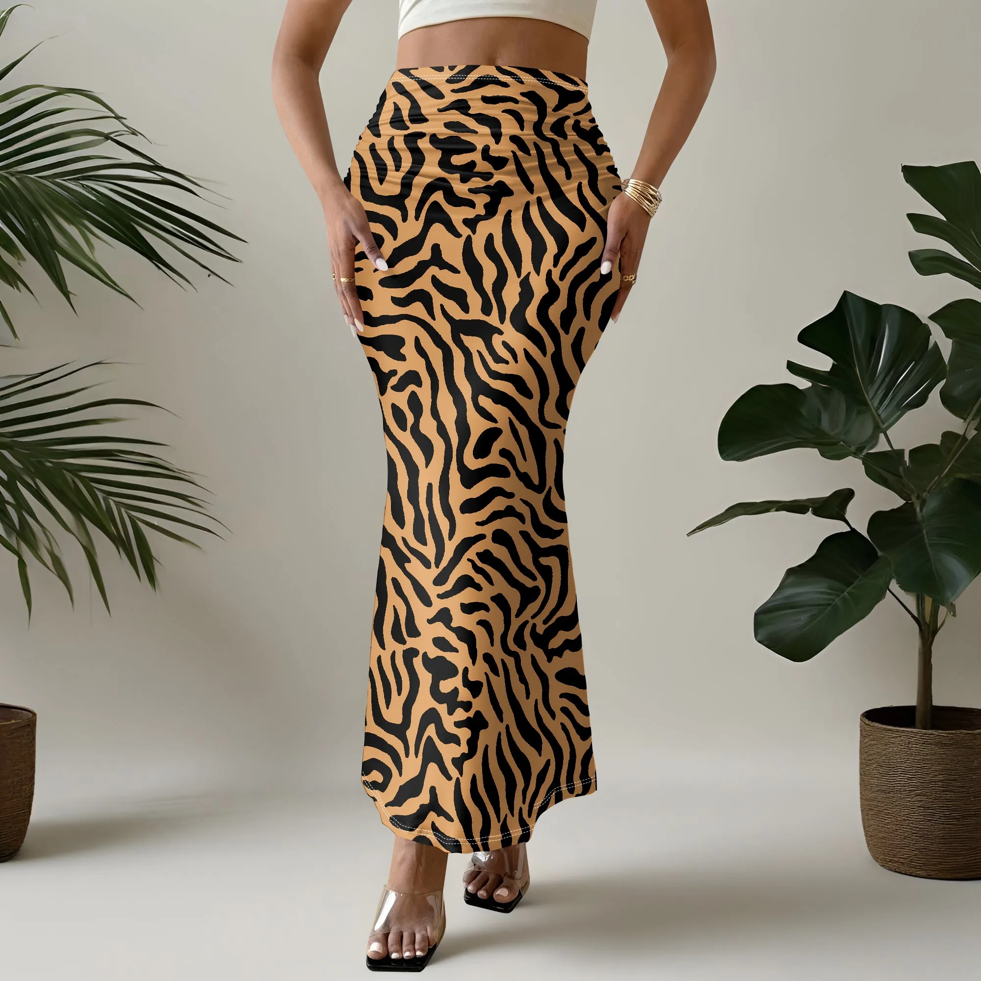 Tiger Print Skirt, Animal Pattern Maxi Skirt, High Waist Mermaid Skirt, Casual Beach Bottoms, Women's Fashion, S-2XL
